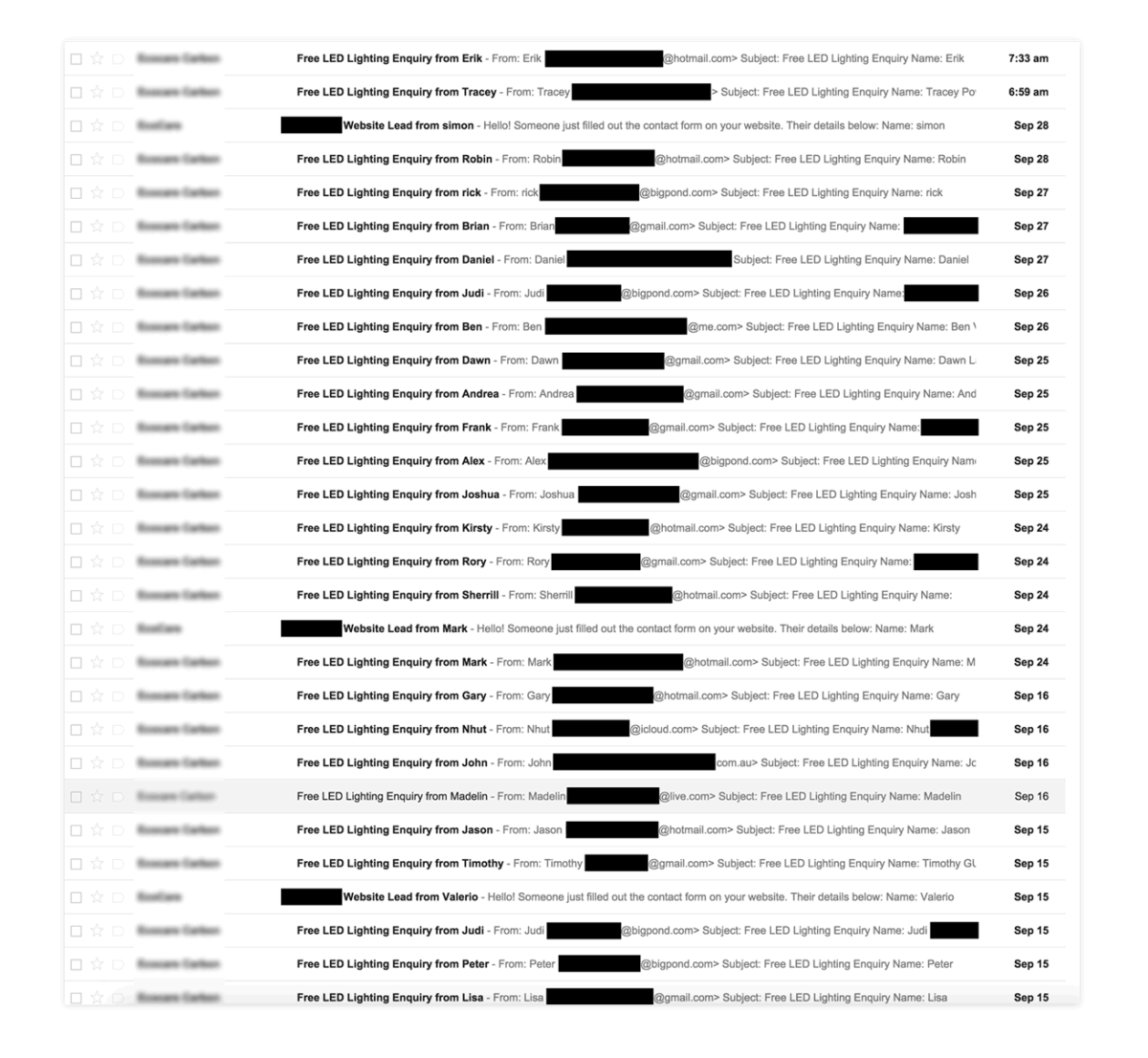 Inbox of website enquiries generated after launch